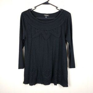LUCKY BRAND Small Black Bohemian Top Intricate Embroidery 3/4 Sleeve Semi-Sheer